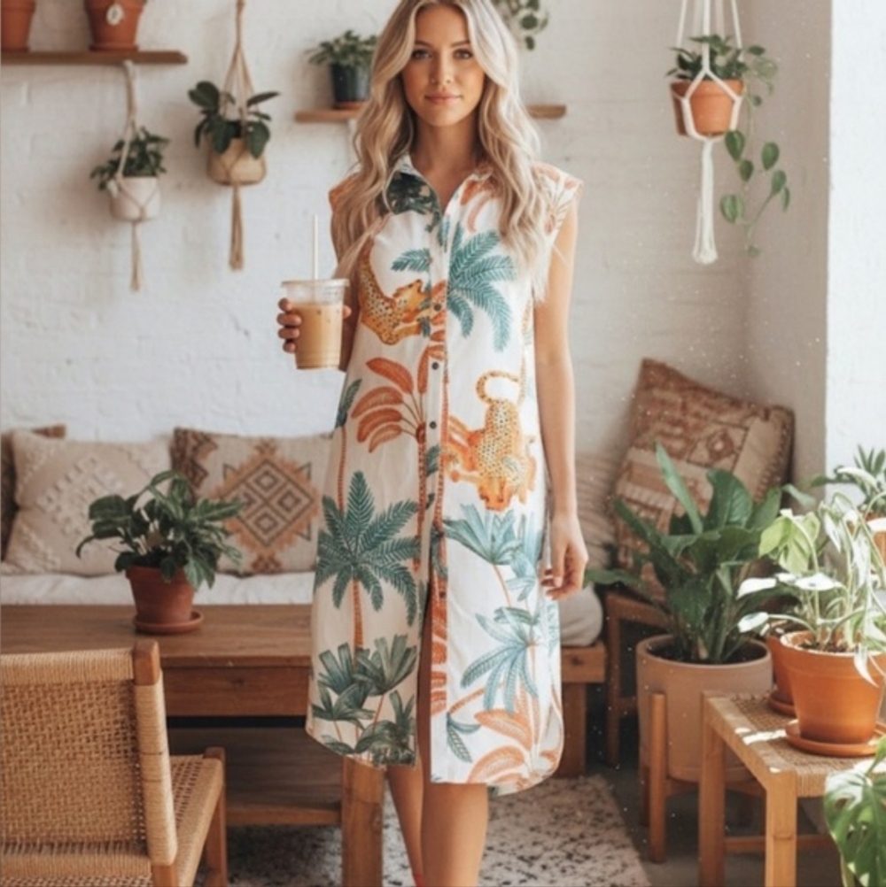 Anthropologie Maeve The Lillian Button-Front Dress L Jungle Tropical Vacation - Picture 2 of 16